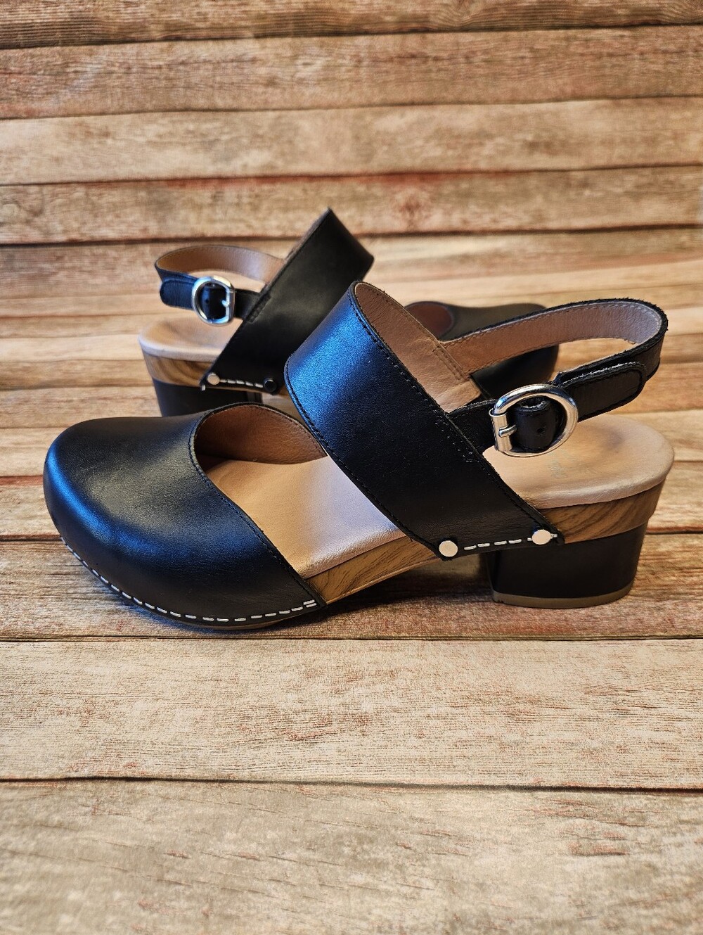 Dansko Black Malin Wooden Block Heel Sandals. Size 39